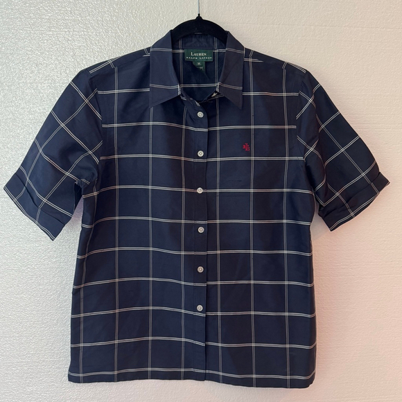 Lauren Ralph Lauren Tops - Lauren Ralph Lauren Navy White Plaid Silk Button Down Shirt size Medium
